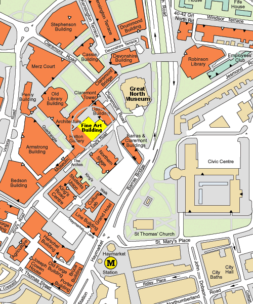 Plan of Newcastle, showing the University and the Fine Art Building 